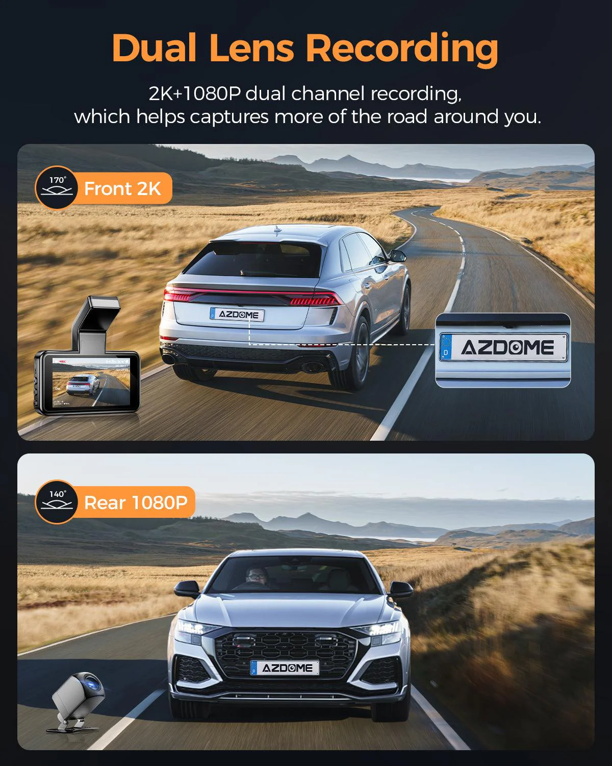 AZDOME M17 Pro Dash Cam - Voice-Activated, 3K Single Channel with 2K Front & 1K Rear Lenses, Super Night Vision, WiFi Enabled, App Control, Includes 64GB Card, Supports Up to 256G, Loop Recording & Emergency Lock - Image 3