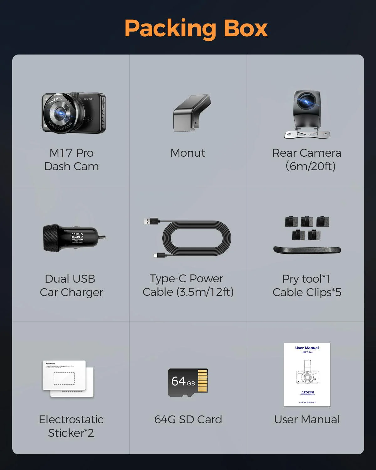 AZDOME M17 Pro Dash Cam - Voice-Activated, 3K Single Channel with 2K Front & 1K Rear Lenses, Super Night Vision, WiFi Enabled, App Control, Includes 64GB Card, Supports Up to 256G, Loop Recording & Emergency Lock - Image 9