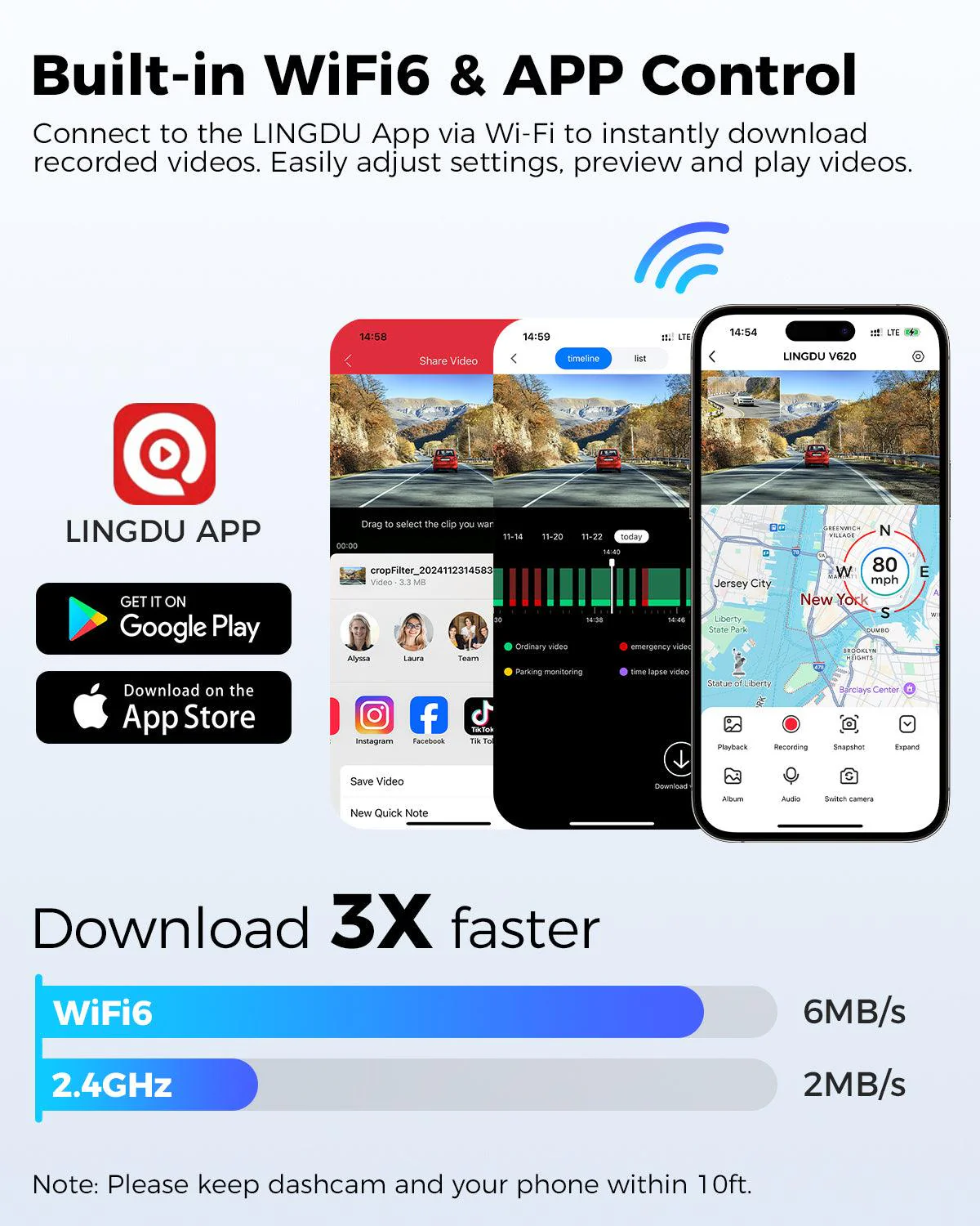 LINGDU V620 Front and Rear Dual Cameras for Cars, 2 Channel Dash Cam 4K Ultra HD Built-in WiFi 6& GPS, APP Control, Smart Voice Control ADAS WDR Night Vision - Image 3