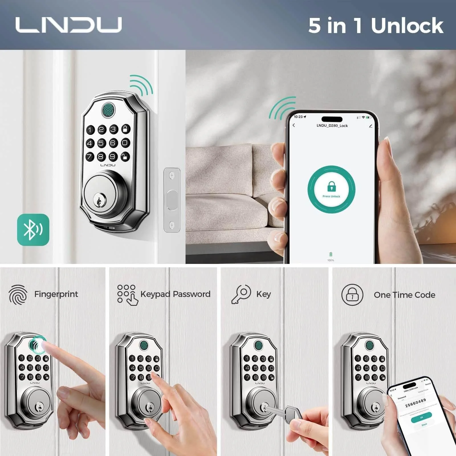 LNDU D280 Keyless Entry Door Lock with App Control Fingerprint Unlock - Image 3