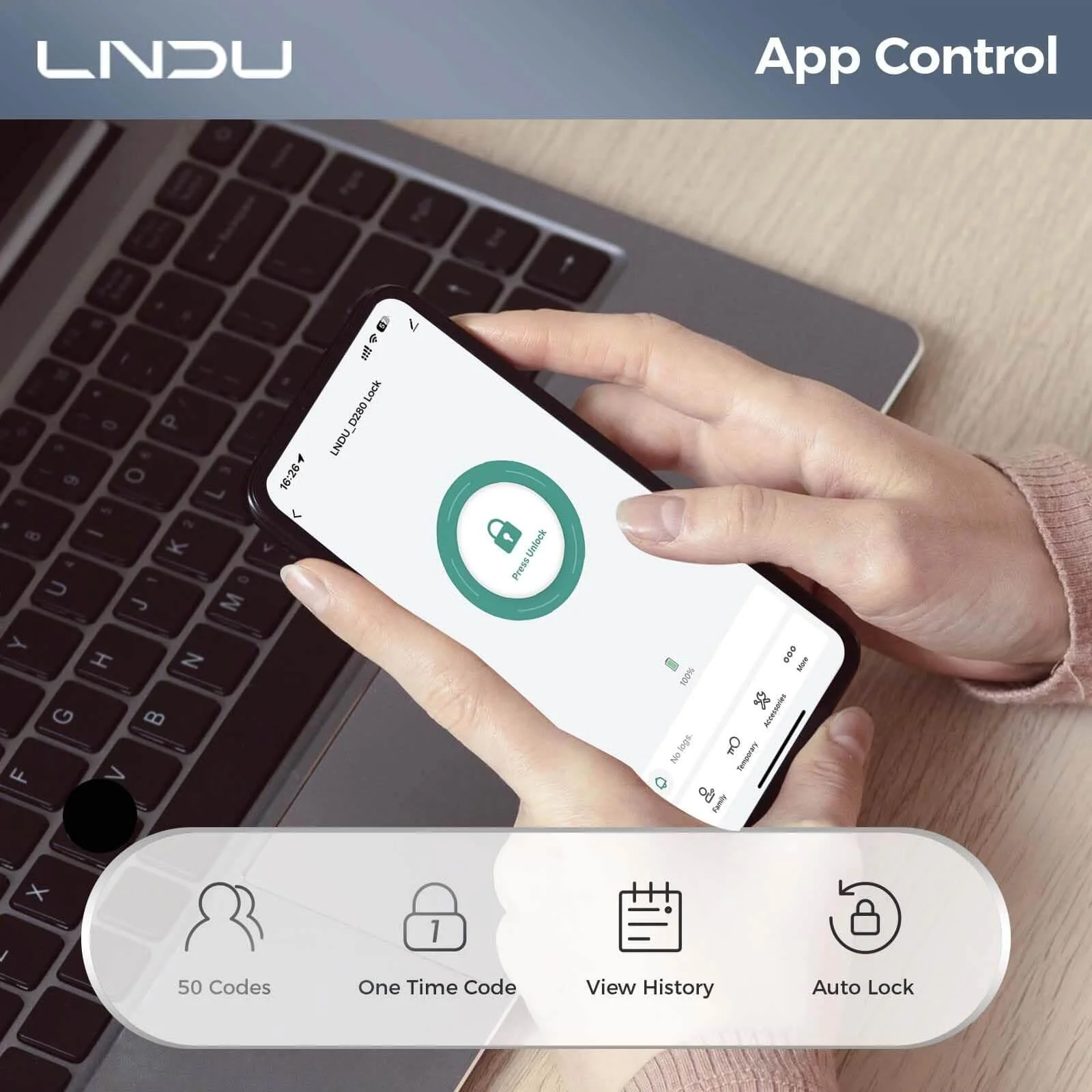 LNDU D280 Keyless Entry Door Lock with App Control Fingerprint Unlock - Image 5