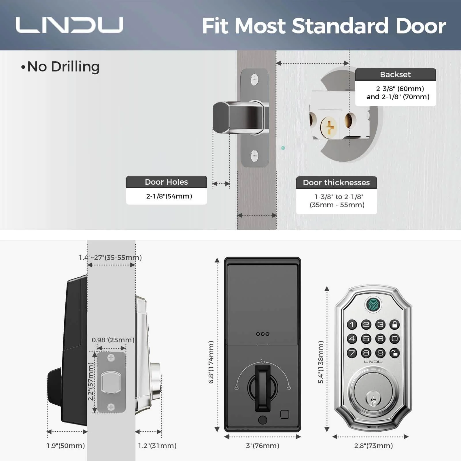 LNDU D280 Keyless Entry Door Lock with App Control Fingerprint Unlock - Image 7