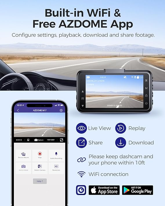 AZDOME M17 1CH Dash Cam 1080P with WiFi & ADAS 3" Screen 24H Parking Mode - Image 3